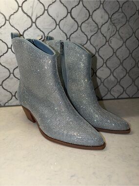 Rhinestone Embellished Light Blue Women's Ankle Boots